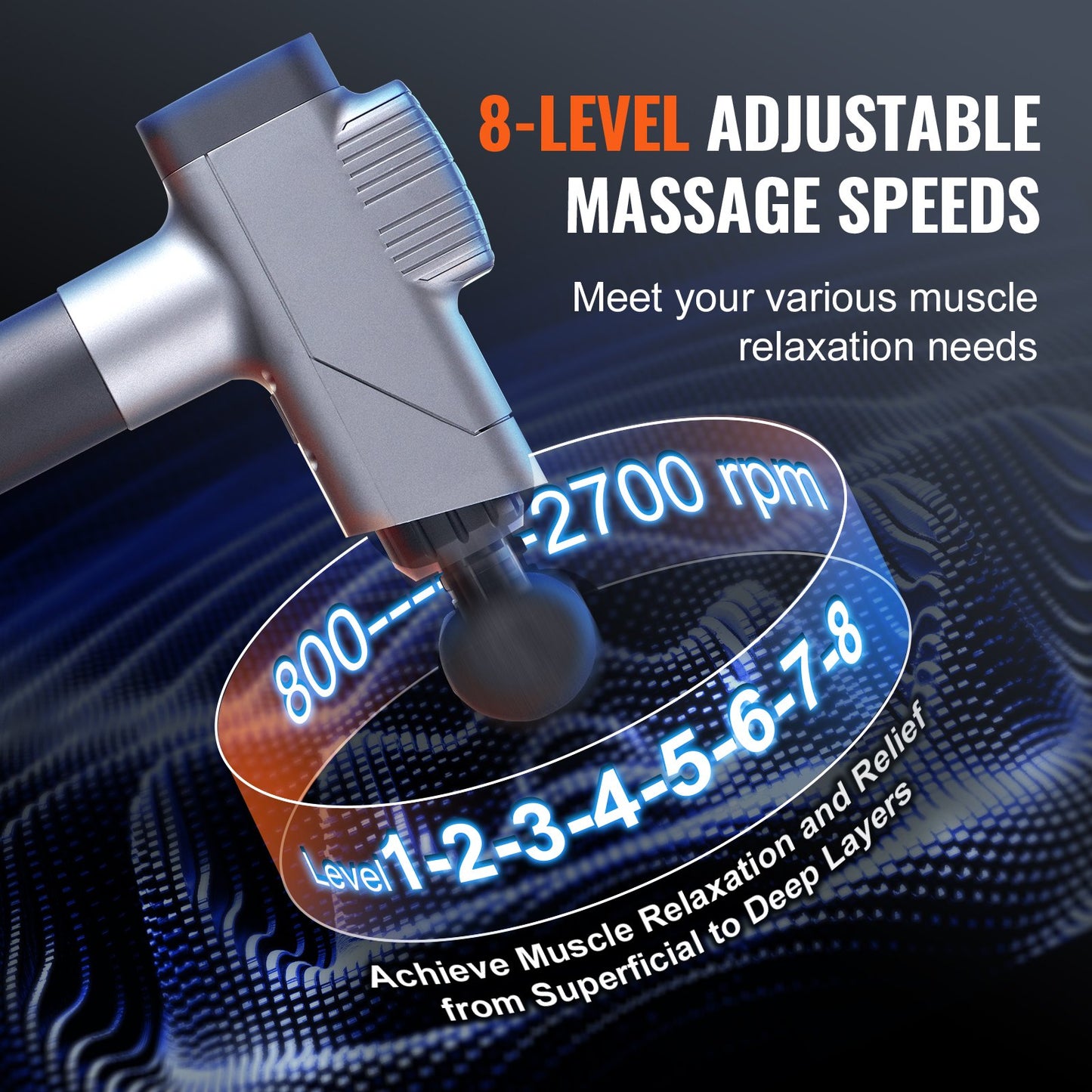 VEVOR Massage Gun - Deep Tissue Percussion Massager | 8 Speeds & 6 Heads