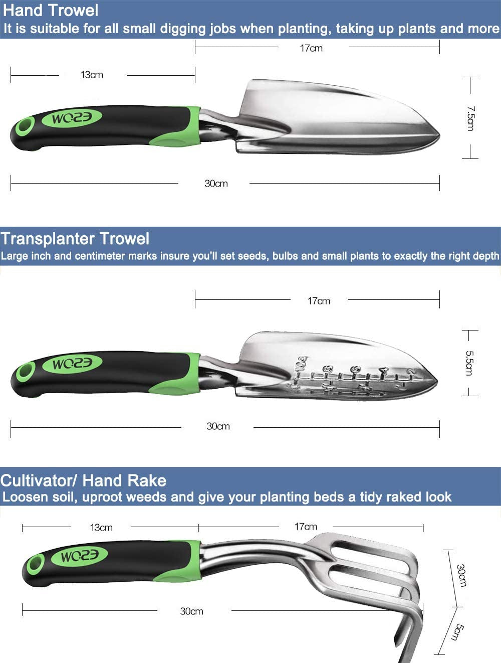 Garden Tool Set, 3 Piece Cast-Aluminum Heavy Duty Gardening Kit Includes Hand Trowel, Transplant Trowel and Cultivator Hand Rake with Soft Rubberized Non-Slip Ergonomic Handle, Garden Gifts