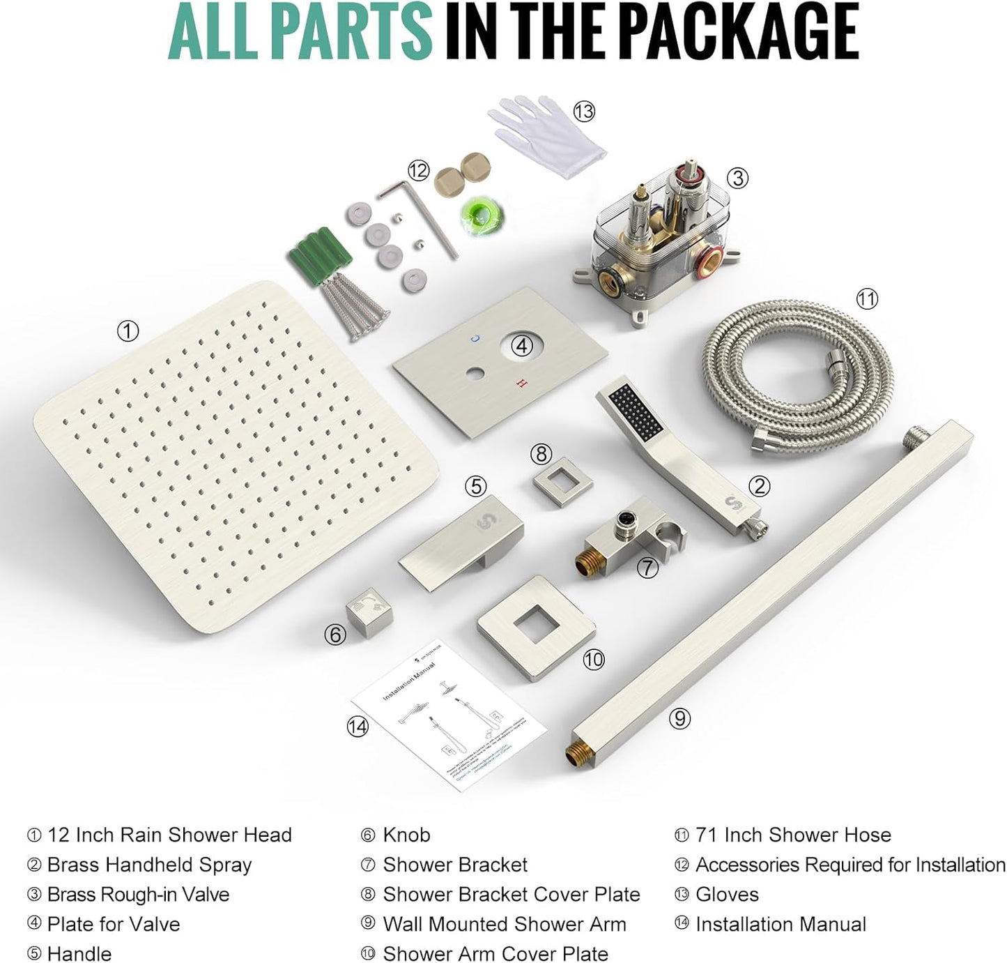 12 Inches Bathroom Luxury Rain Mixer Shower Combo Set Wall Mounted Rainfall Shower Head System Brushed Nickel Finish Shower Faucet Rough-In