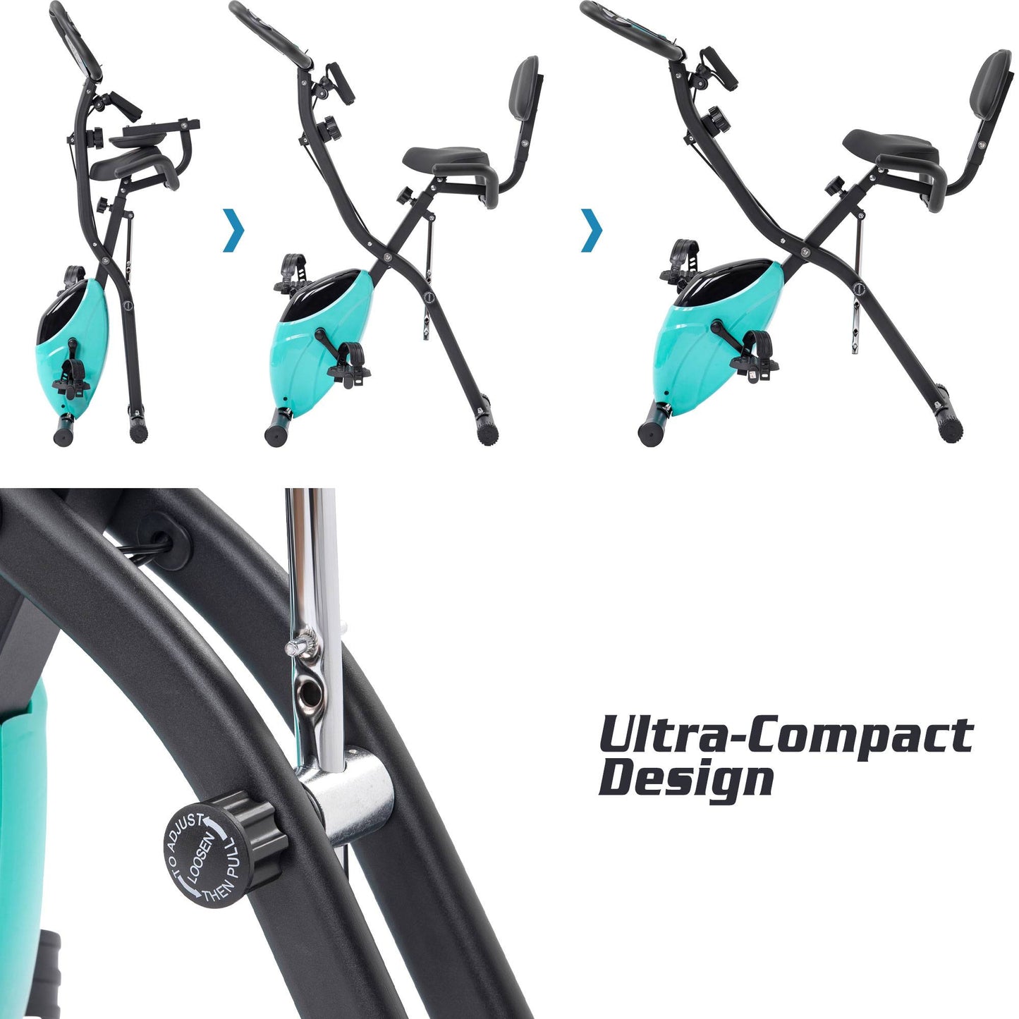 Bicicleta estática plegable con resistencia ajustable, vertical y reclinada, ideal para gimnasio en casa.