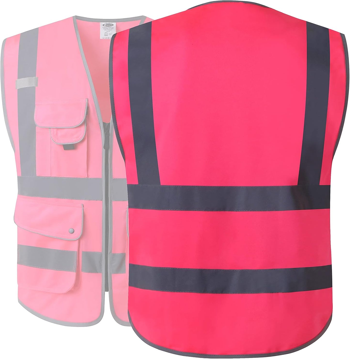 9 Pockets Class 2 High Visibility Zipper Front Safety Vest with Reflective Strips, Meets ANSI/ISEA Standards (Large, 150-Pink)