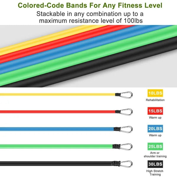 11-Piece Resistance Bands Set - Up to 100 lbs | Complete Home Workout Kit