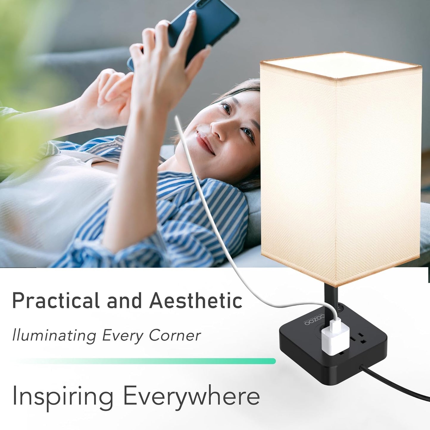 Table Lamp Dimmable USB Bedside Table Desk Lamp with 2 USB Charging Port(A+C) 2 Outlet,Nightstand Lamp with Charger Base White Fabric Shade,Led Touch Lamp for Bedroom/Livingroom/Dorm/Home Office