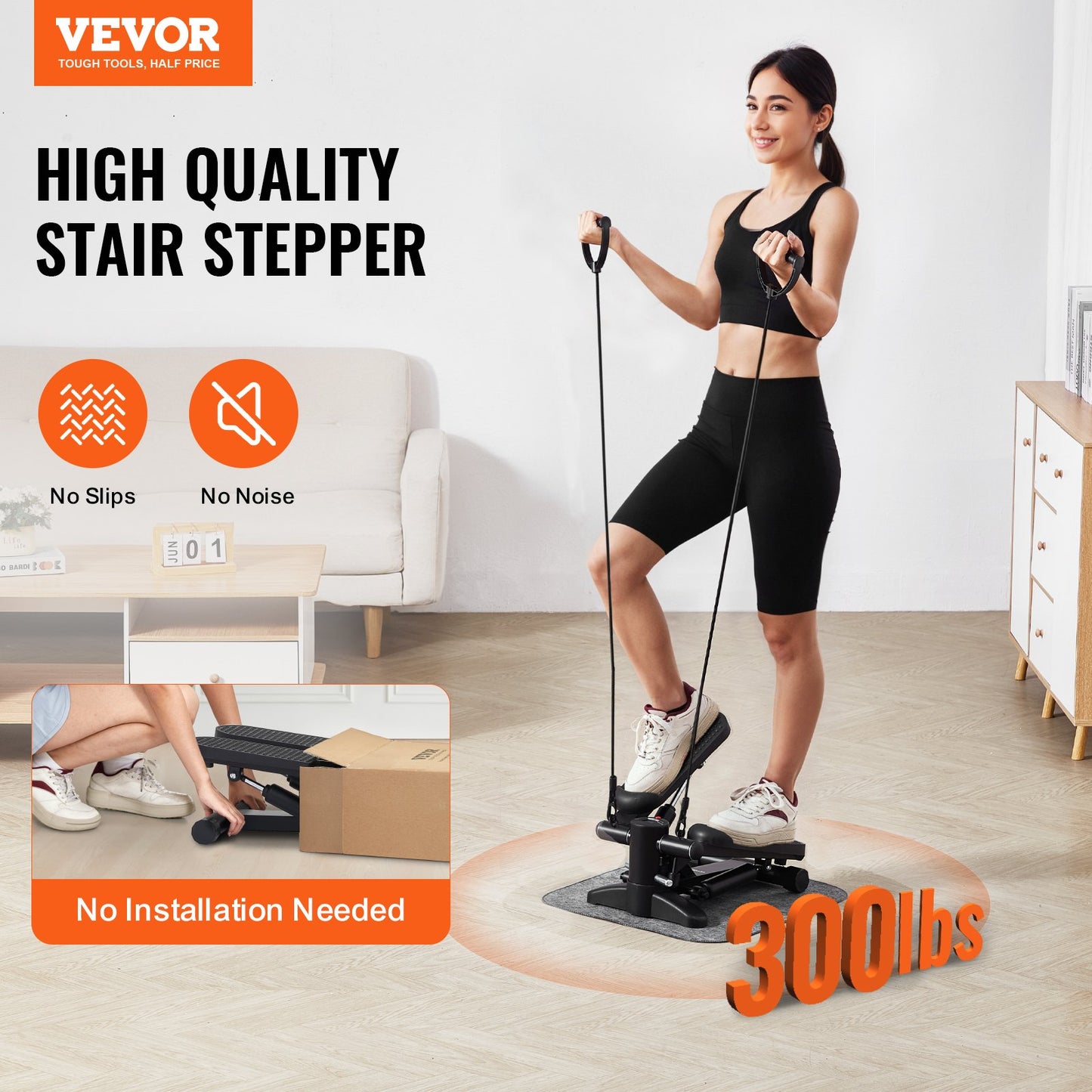 Mini Stair Stepper for Home Gym - Hydraulic Fitness Stepper with Resistance Bands & LCD Monitor - 330lbs Capacity