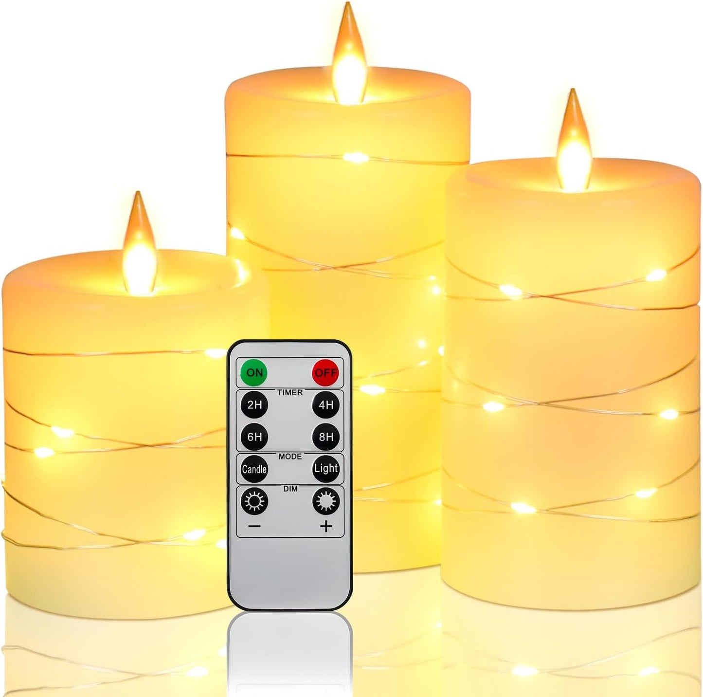 Flameless Candles with String Lights,Battery Operated Candles,Led Flickering Candles with Remote Control and Timer, Real Wax, 3 Pack-Ivory