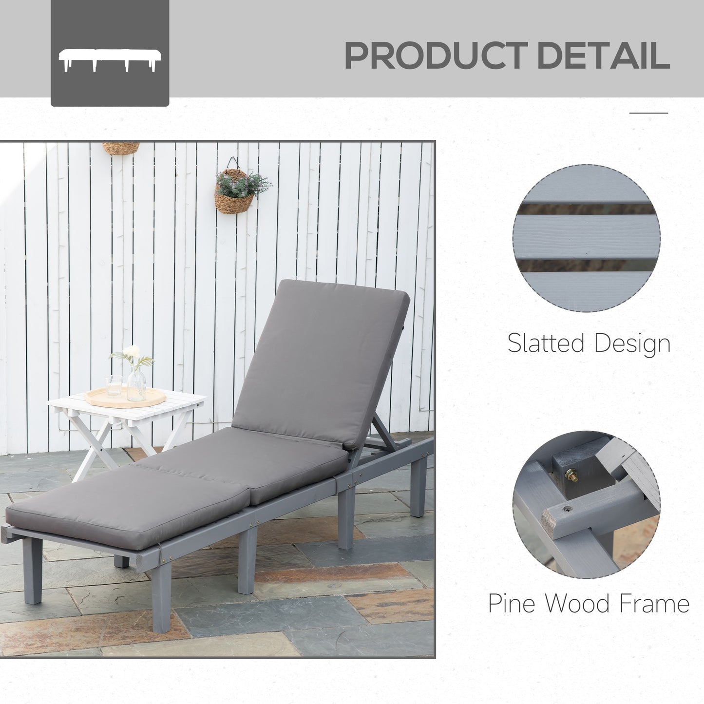 Wood Outdoor Chaise Lounge Chair - 4-Position Adjustable Reclining Beach Chair with Cushion - Gray