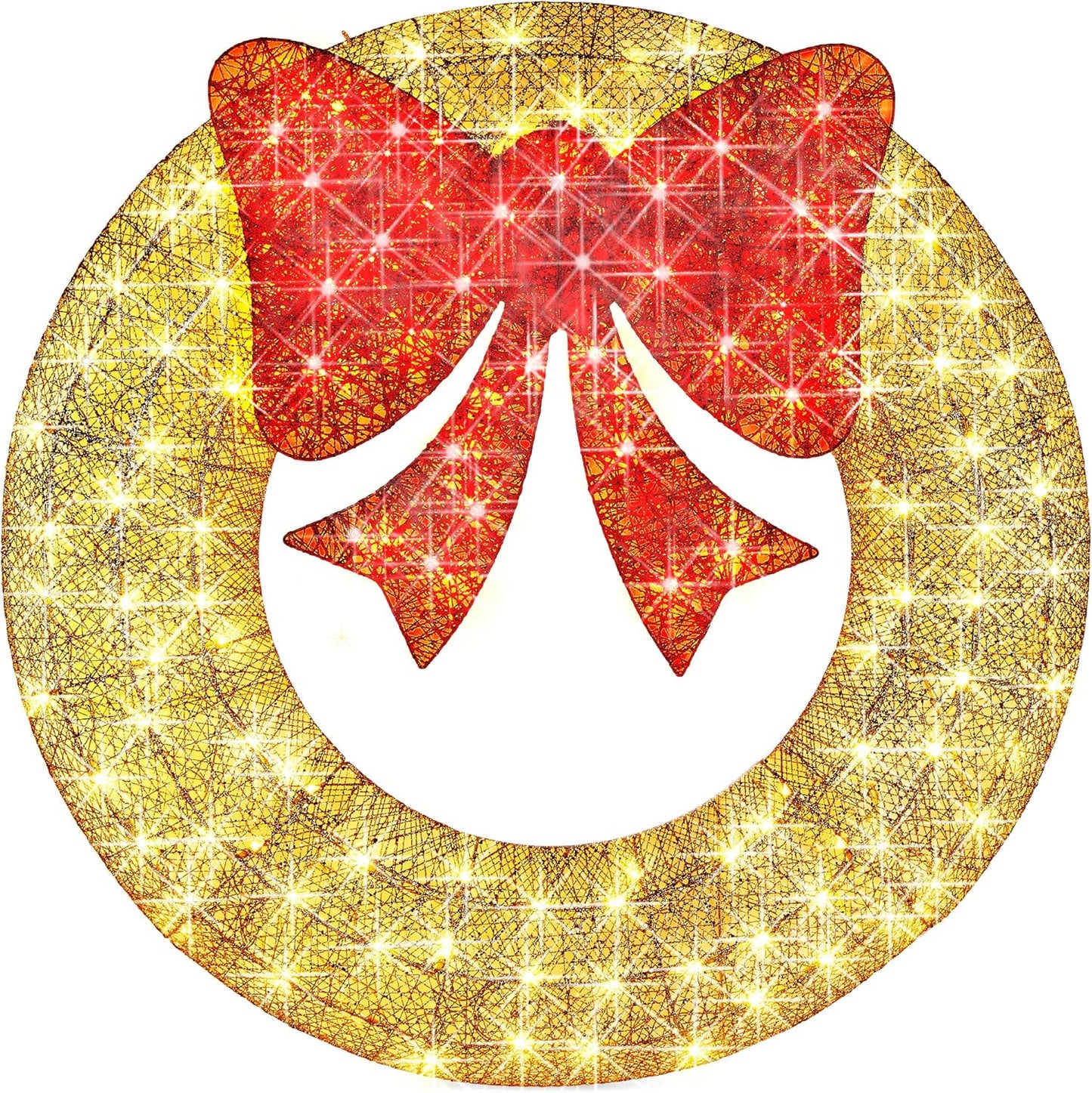 48In Pre-Lit Outdoor Christmas Wreath Decoration, LED Metal Holiday Decor for Home W/ 140 Lights, Bow - Gold/Red