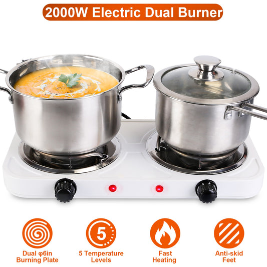 Electric Double Burner Hot Plate - 2000W Portable Countertop Stove with 5 Temperature Settings