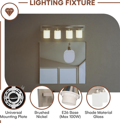 4-Lights Bathroom Vanity Lights - Alloy Steel Bathroom Light Fixtures for Mirrors - Oil-Rubbed Bronze Lighting Bar with Nickel Glass Shade - 8 X 32 X 9 Inches - Bulbs Not Included