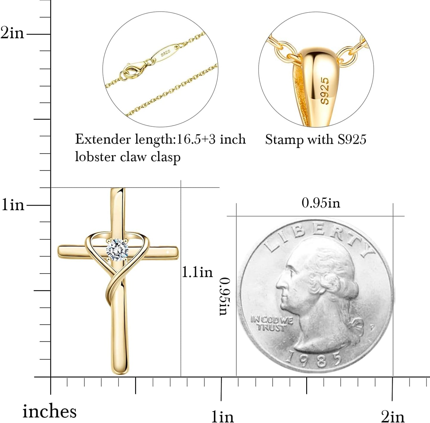 925 Sterling Silver Cross Necklace for Women Men 14K Gold Plated 5A CZ Birthstone Necklaces for Holiday