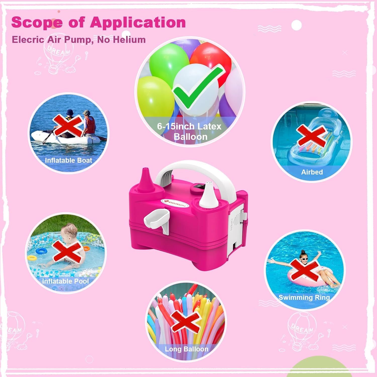 IDAODAN Electric Air Balloon Pump Portable Dual Nozzle 110V 600W Electric Balloon Blower Pump/Electric Balloon Inflator for Kids Party Decoration