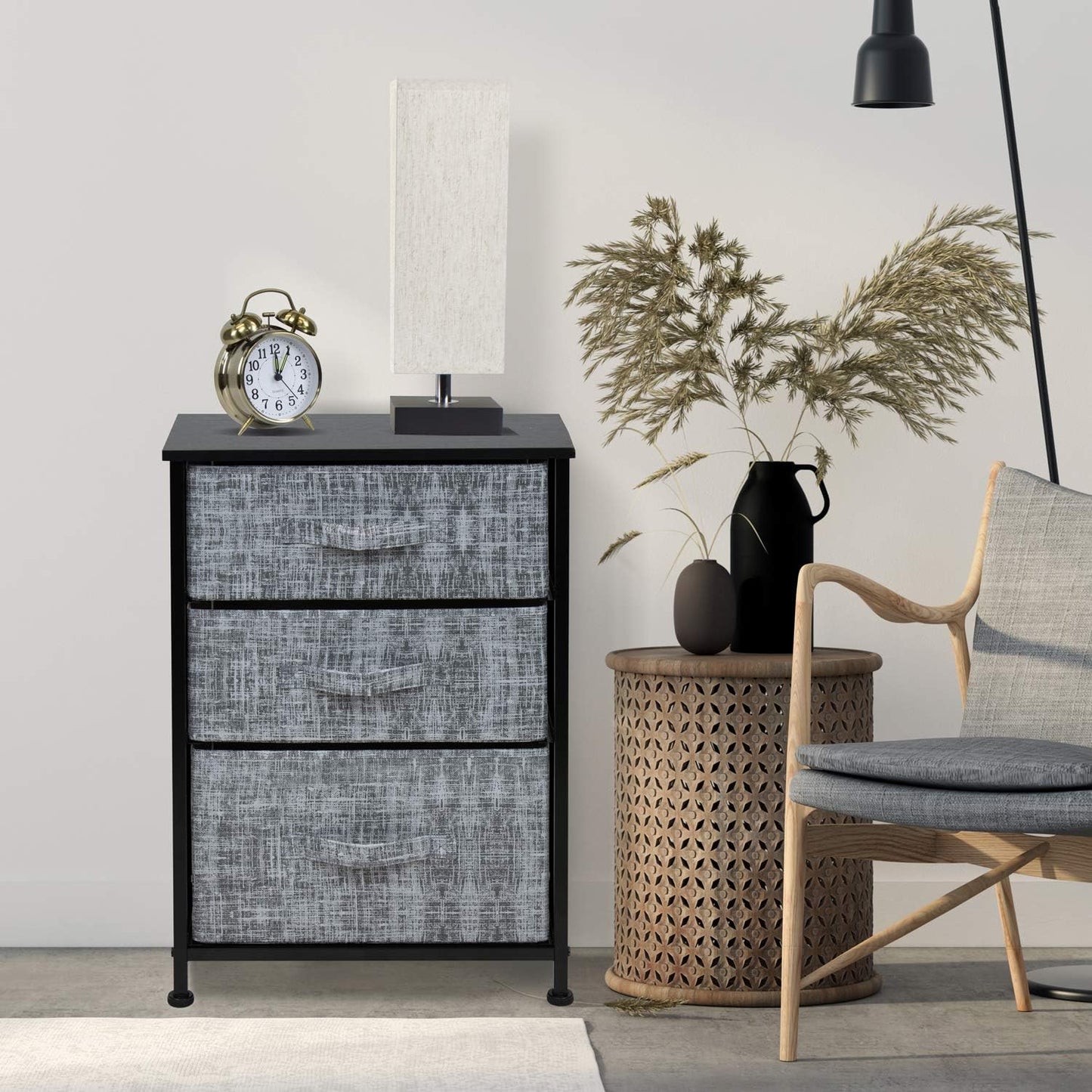 Nightstand with 3 Drawers - Bedside Furniture & Accent End Table Chest for Home, Bedroom Accessories, Office, College Dorm, Steel Frame, Wood Top, Easy Pull Fabric Bins (Gray/Black)