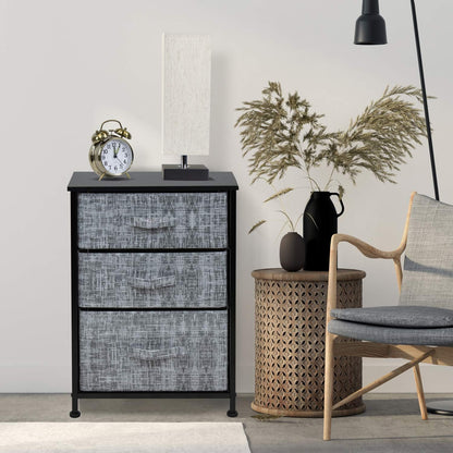 Nightstand with 3 Drawers - Bedside Furniture & Accent End Table Chest for Home, Bedroom Accessories, Office, College Dorm, Steel Frame, Wood Top, Easy Pull Fabric Bins (Gray/Black)