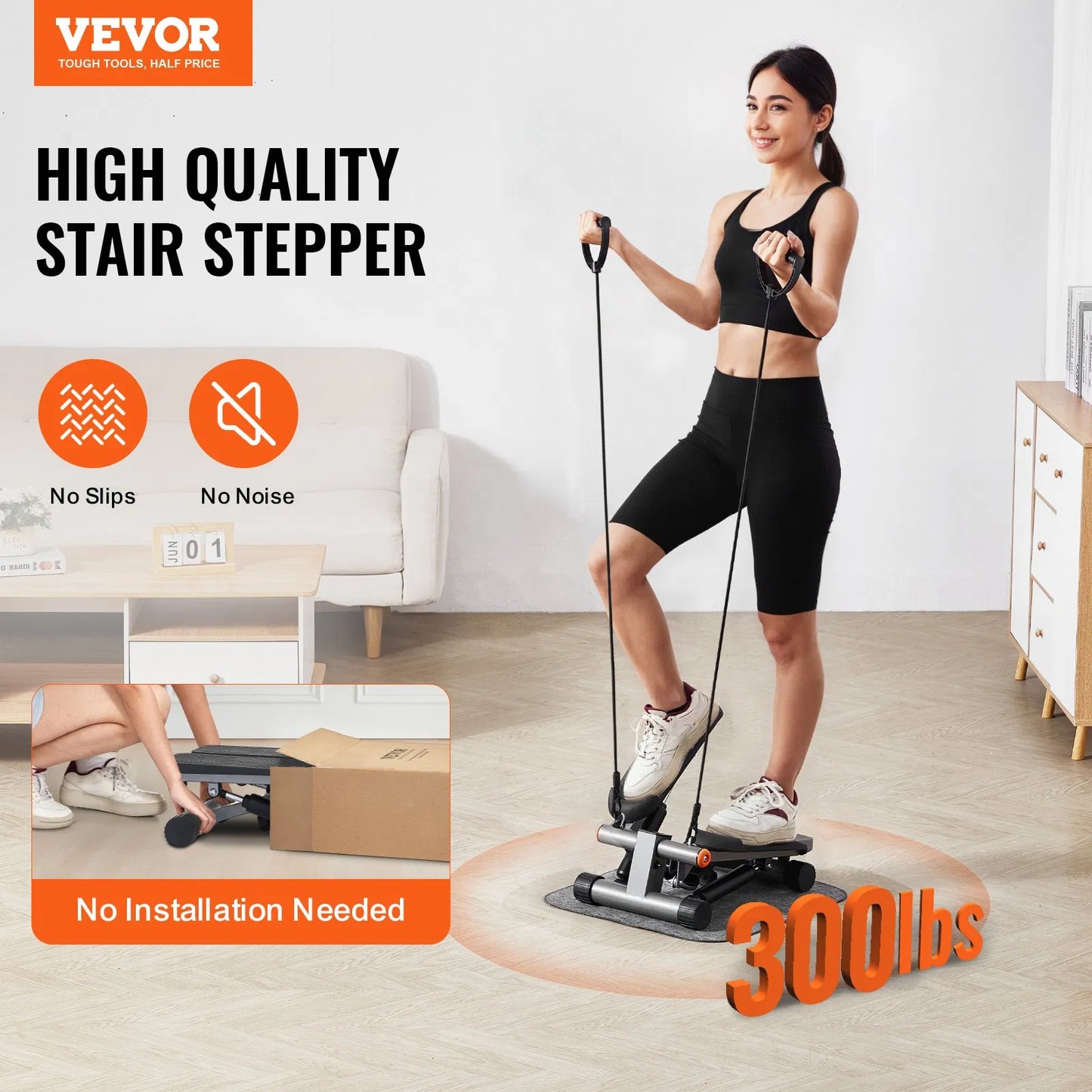 Hydraulic Stair Stepper with Resistance Bands - Compact Exercise Machine for Home