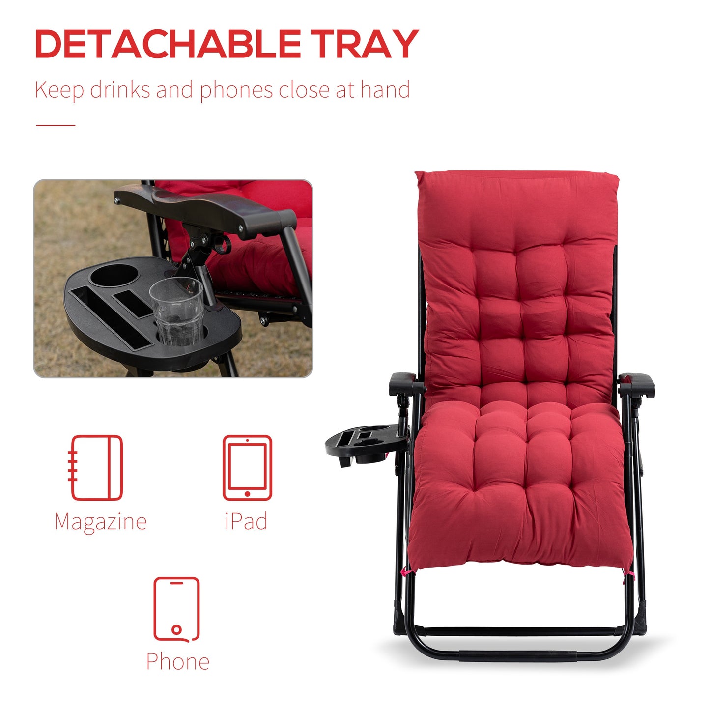 Padded Zero Gravity Chair - Folding Recliner with Cup Holder & Cushion for Patio, Pool & Camping - Red