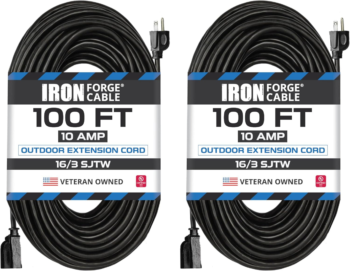 2 Pack 100 Ft Black Extension Cord, 16/3, 100 Foot Extension Cord, 3 Prong, Weatherproof - Great for outside Use