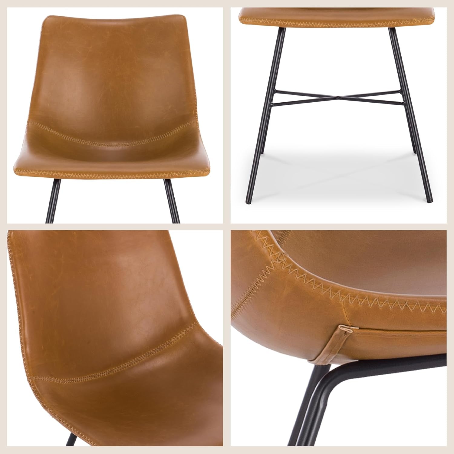 Paxton Leather Dining Chairs – Set of 2 Modern Dining Room Chairs with Low Back – Faux Leather Upholstery and Matte Black Steel Base – Comfortable Seating for Stylish Interiors – Tan