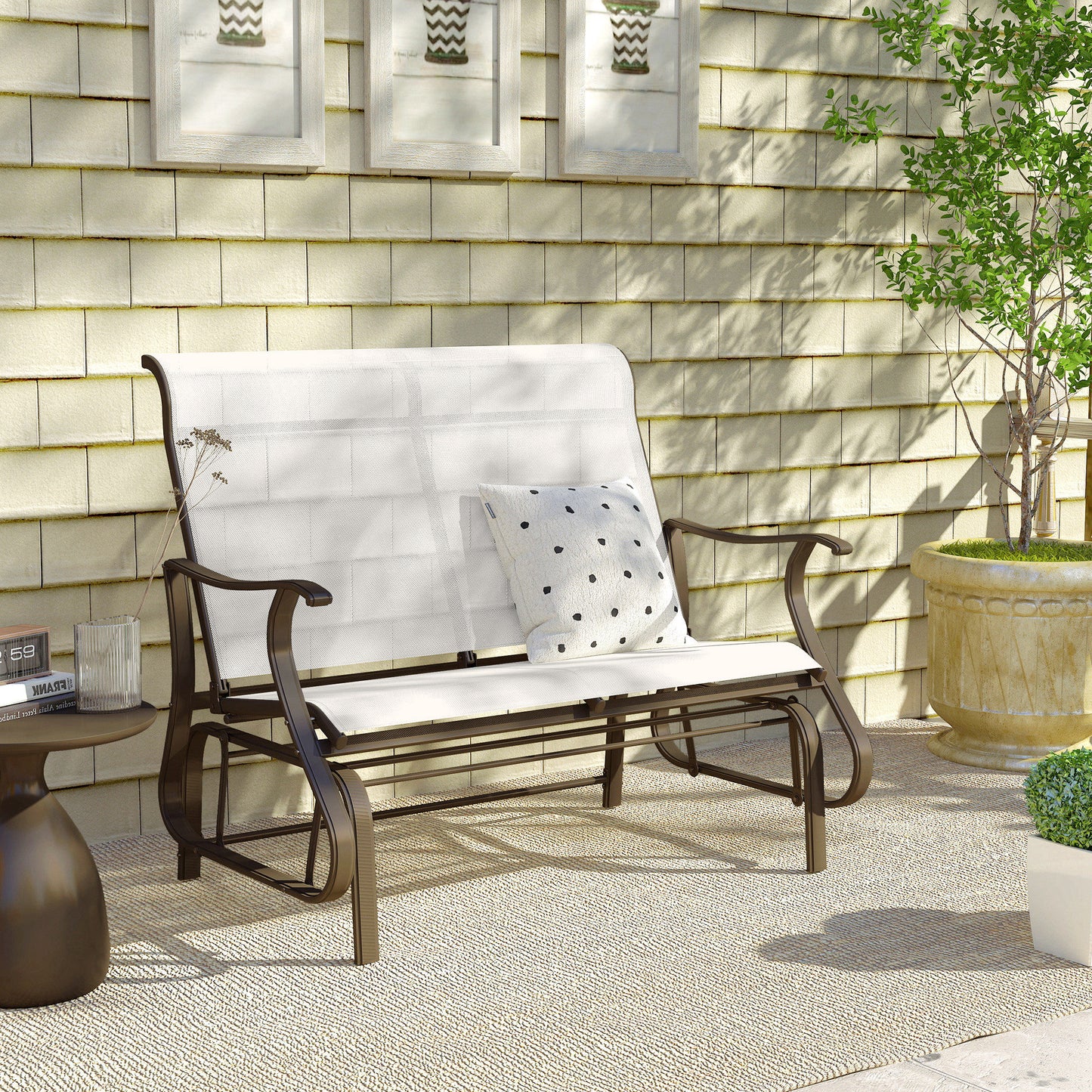 2-Person Outdoor Glider Bench - Patio Loveseat Rocking Chair with Powder Coated Steel Frame - Cream White
