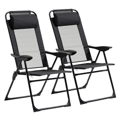 Folding Patio Dining Chairs Set of 2 - Outdoor Deck Chairs with Adjustable Sling Back & Headrest - Black