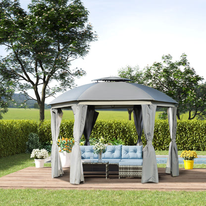 12' x 12' Round Outdoor Gazebo - Dome Canopy Shelter with Double Roof, Netting & Curtains - Grey