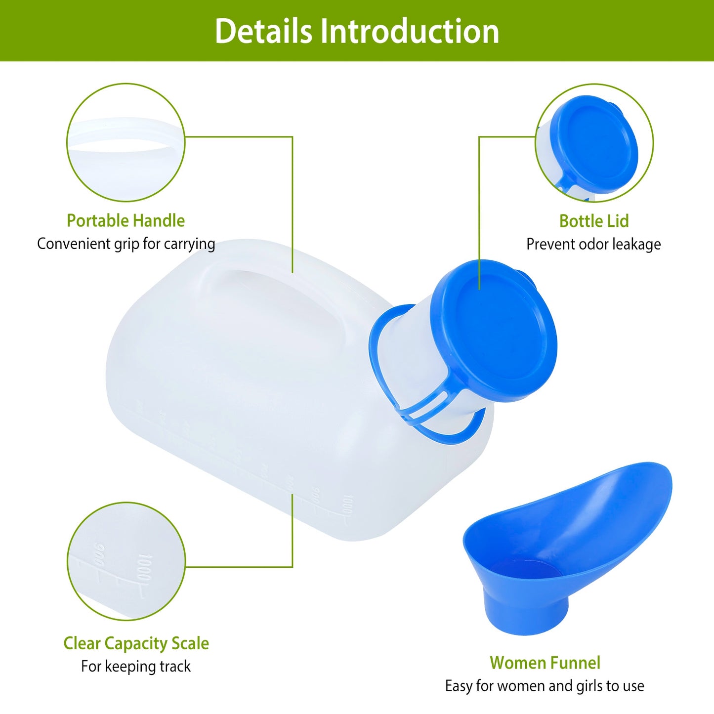 Portable Emergency Urinal Bottle - 1L Unisex Travel Toilet with Lid & Funnel for Car & Camping