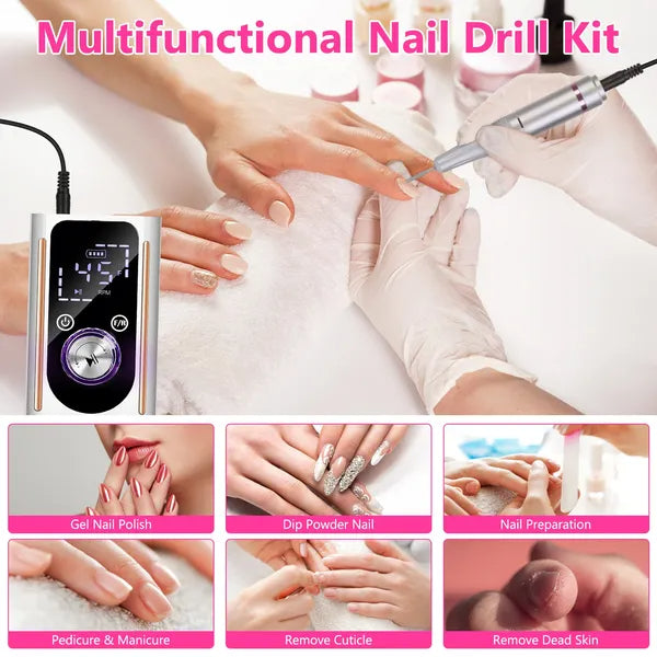 Portable Electric Nail Drill 45000 RPM - Rechargeable Manicure Kit with 11 Bits