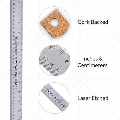 Metal Ruler 18 Inch Cork Back – Stainless Steel Straight Edge, Flexible Non-Slip 18 Inch Metal Ruler with Cork Backing – Imperial & Metric for Crafting, School, Workshop & Home Use