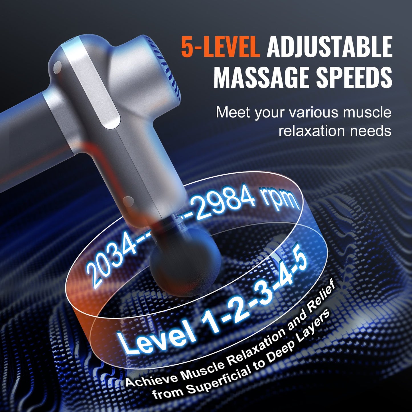 VEVOR Massage Gun - Deep Tissue Percussion Massager | 5 Speeds & 6 Heads