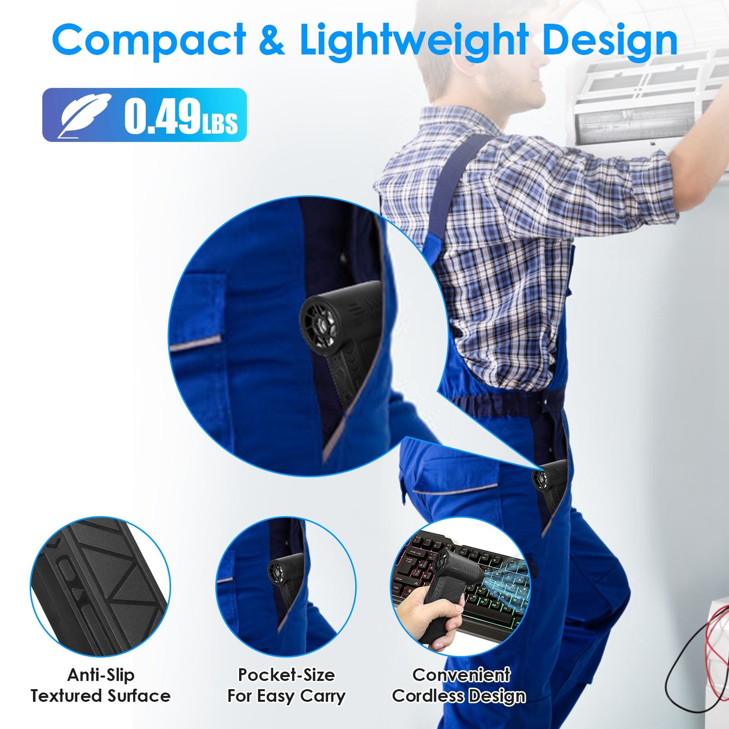 Cordless Electric Air Duster - 150000RPM Rechargeable Compressed Air Blower with LED Light