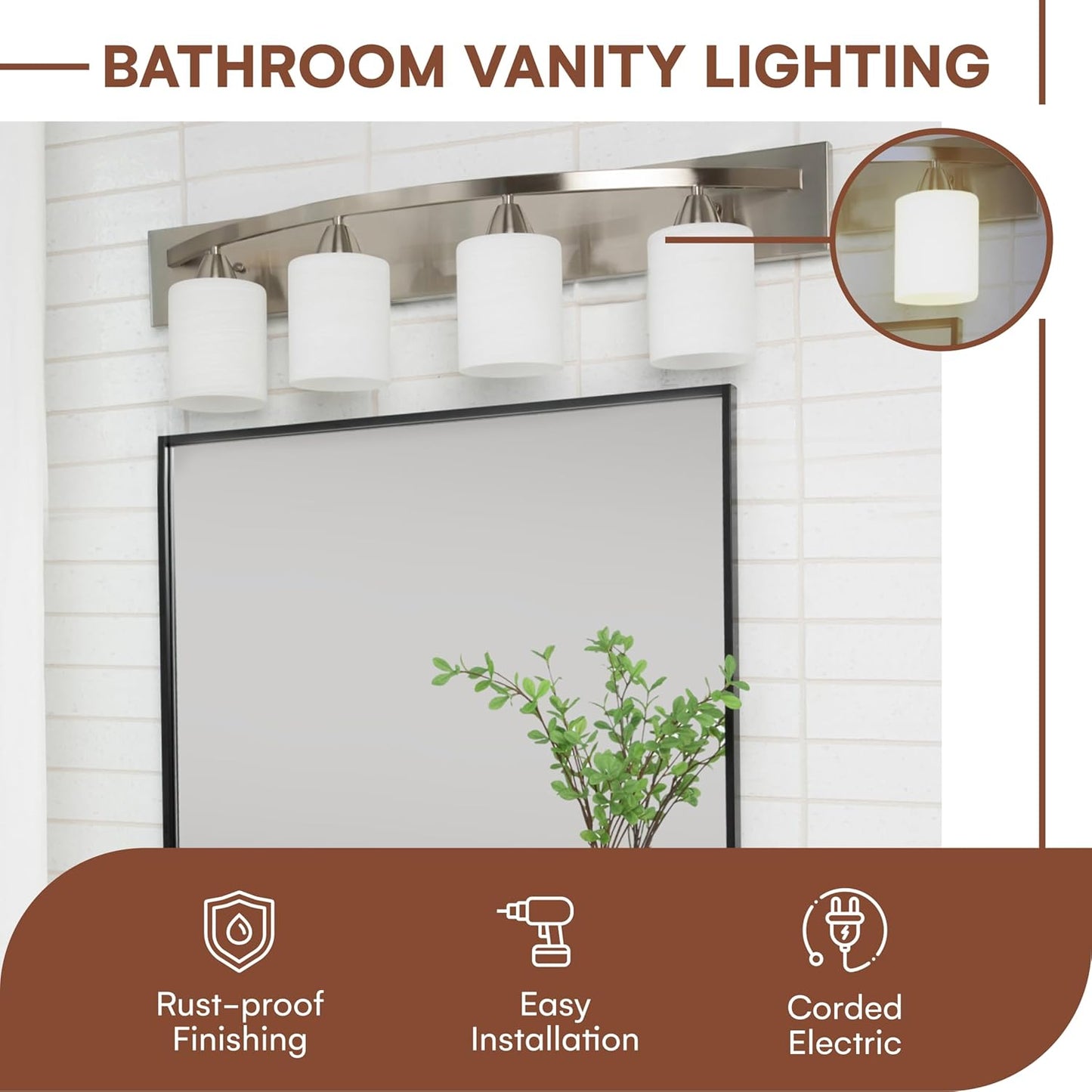 4-Lights Bathroom Vanity Lights - Alloy Steel Bathroom Light Fixtures for Mirrors - Oil-Rubbed Bronze Lighting Bar with Nickel Glass Shade - 8 X 32 X 9 Inches - Bulbs Not Included