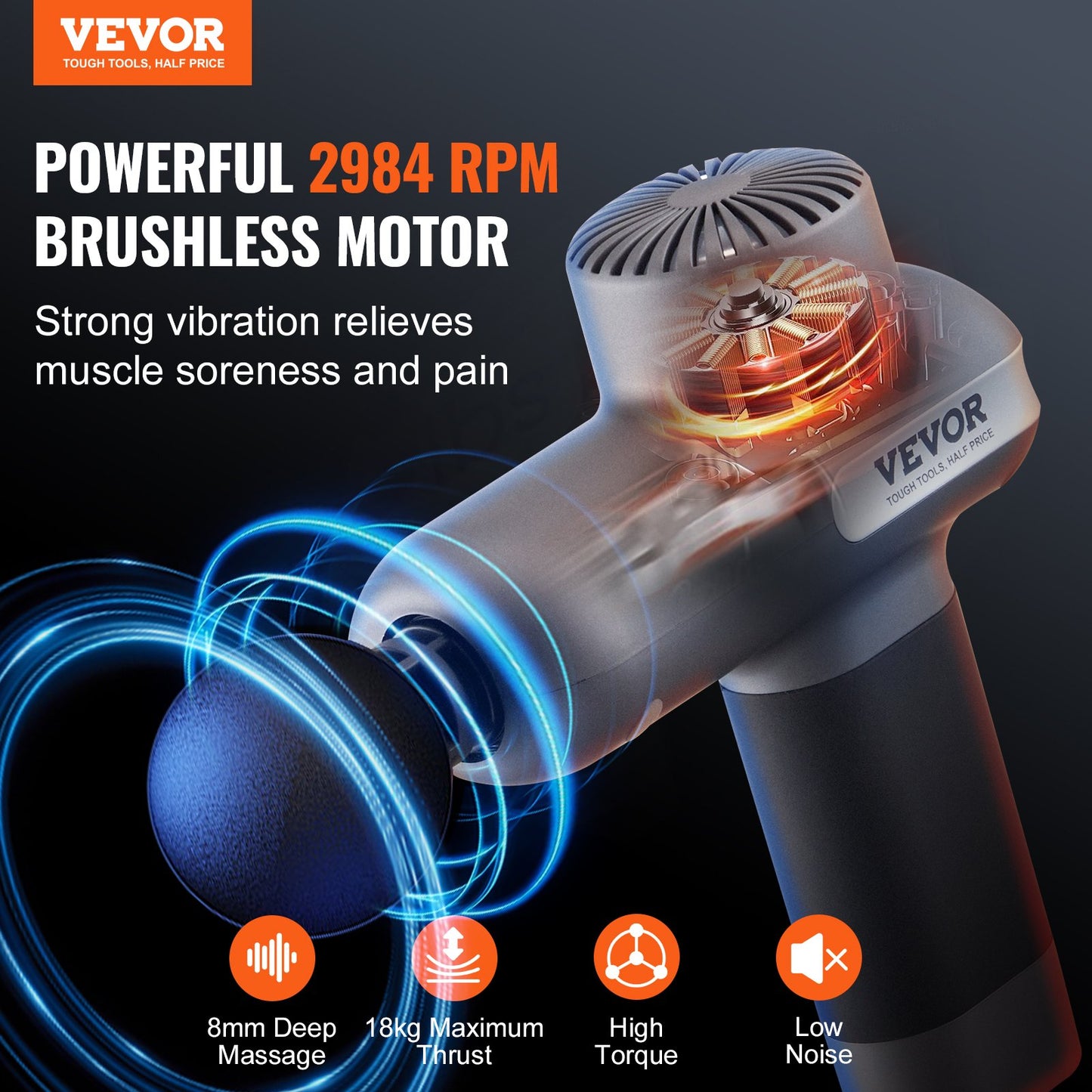 VEVOR Massage Gun - Deep Tissue Percussion Massager | 5 Speeds & 6 Heads