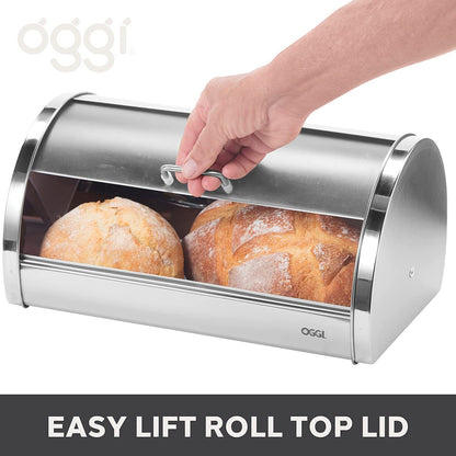 Stainless Steel Roll Top Bread Box for Kitchen Countertop with Frosted Plexilass Lid - Fits Multiple Loaves of Bread and Other Freshly Baked Goods Including Cookies, Bagels, Muffins