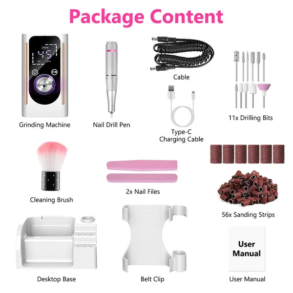 Portable Electric Nail Drill 45000 RPM - Rechargeable Manicure Kit with 11 Bits