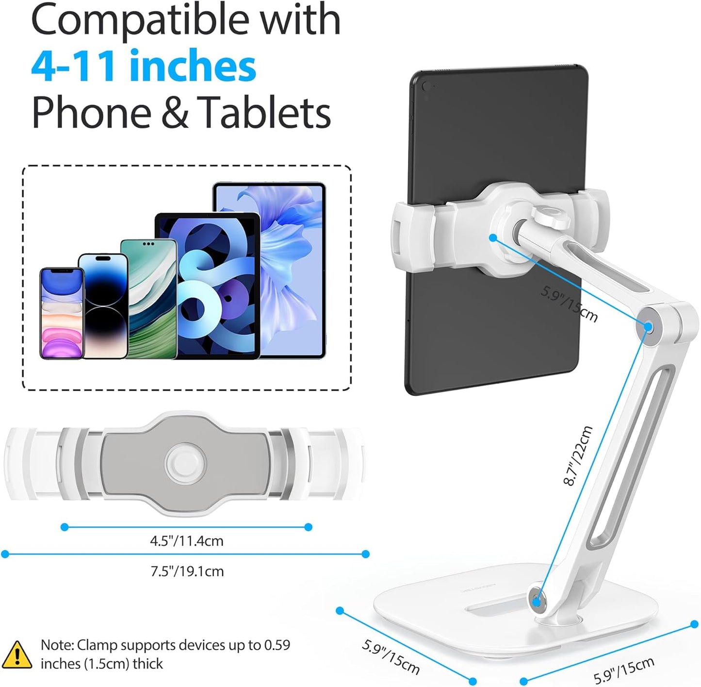 Multi-Angle Adjustable Tablet Stand, 360 Swivel Ipad Stand Aluminum Desk Mount Fits 4'-11" Tablets White