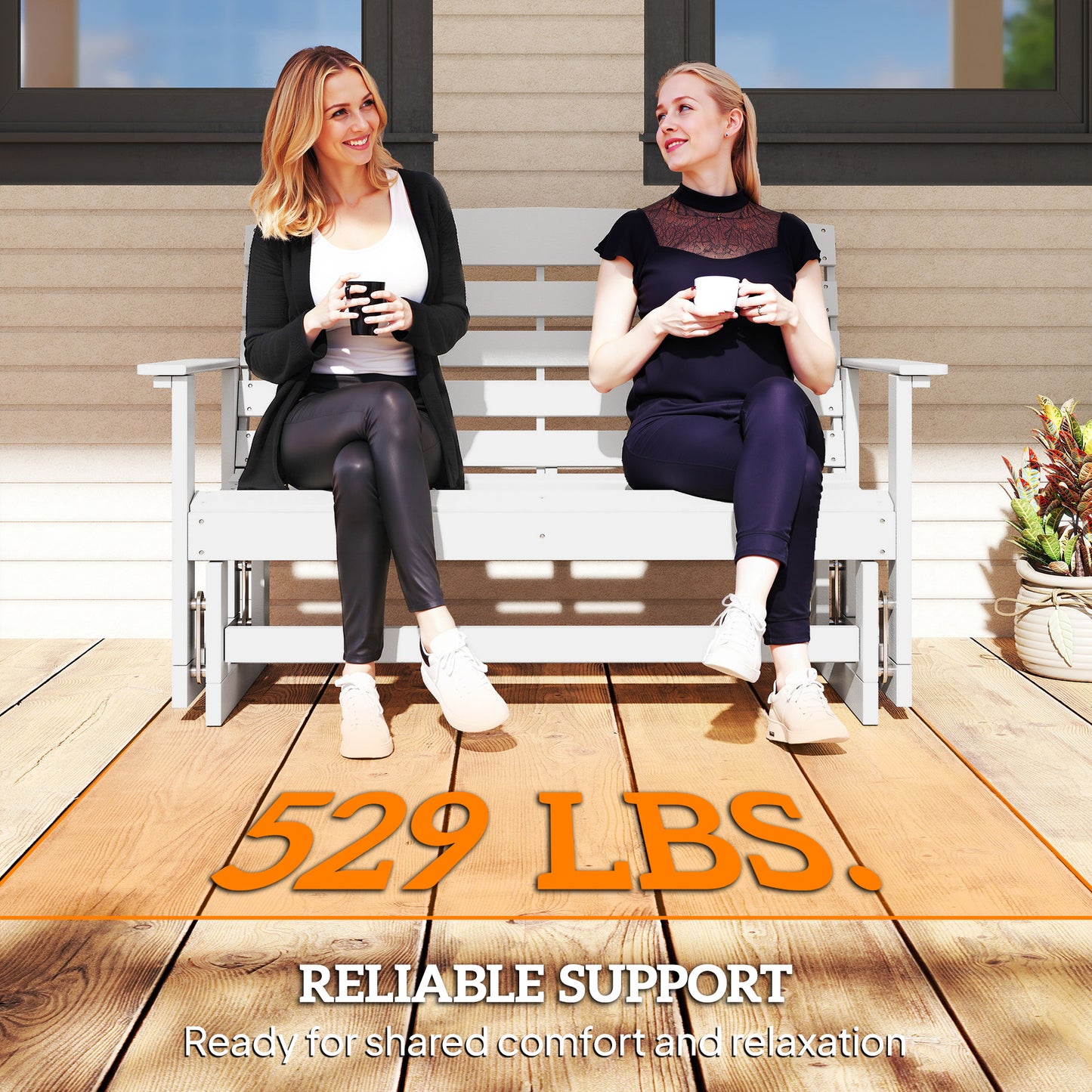 Patio Glider Bench - HDPE Slatted Double Rocking Chair for Outdoor Porch & Garden - White