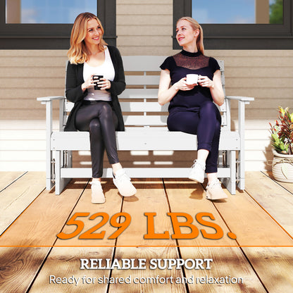 Patio Glider Bench - HDPE Slatted Double Rocking Chair for Outdoor Porch & Garden - White