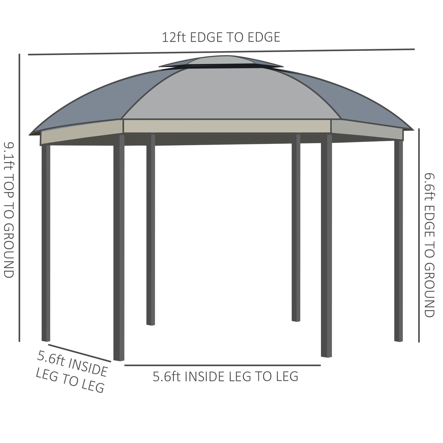 12' x 12' Round Outdoor Gazebo - Dome Canopy Shelter with Double Roof, Netting & Curtains - Grey