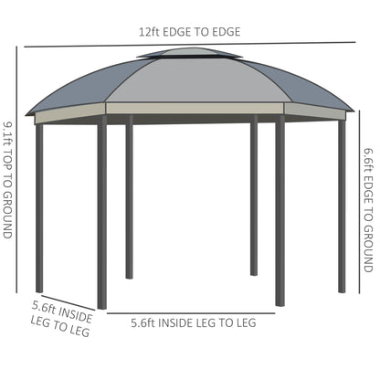 12' x 12' Round Outdoor Gazebo - Dome Canopy Shelter with Double Roof, Netting & Curtains - Grey