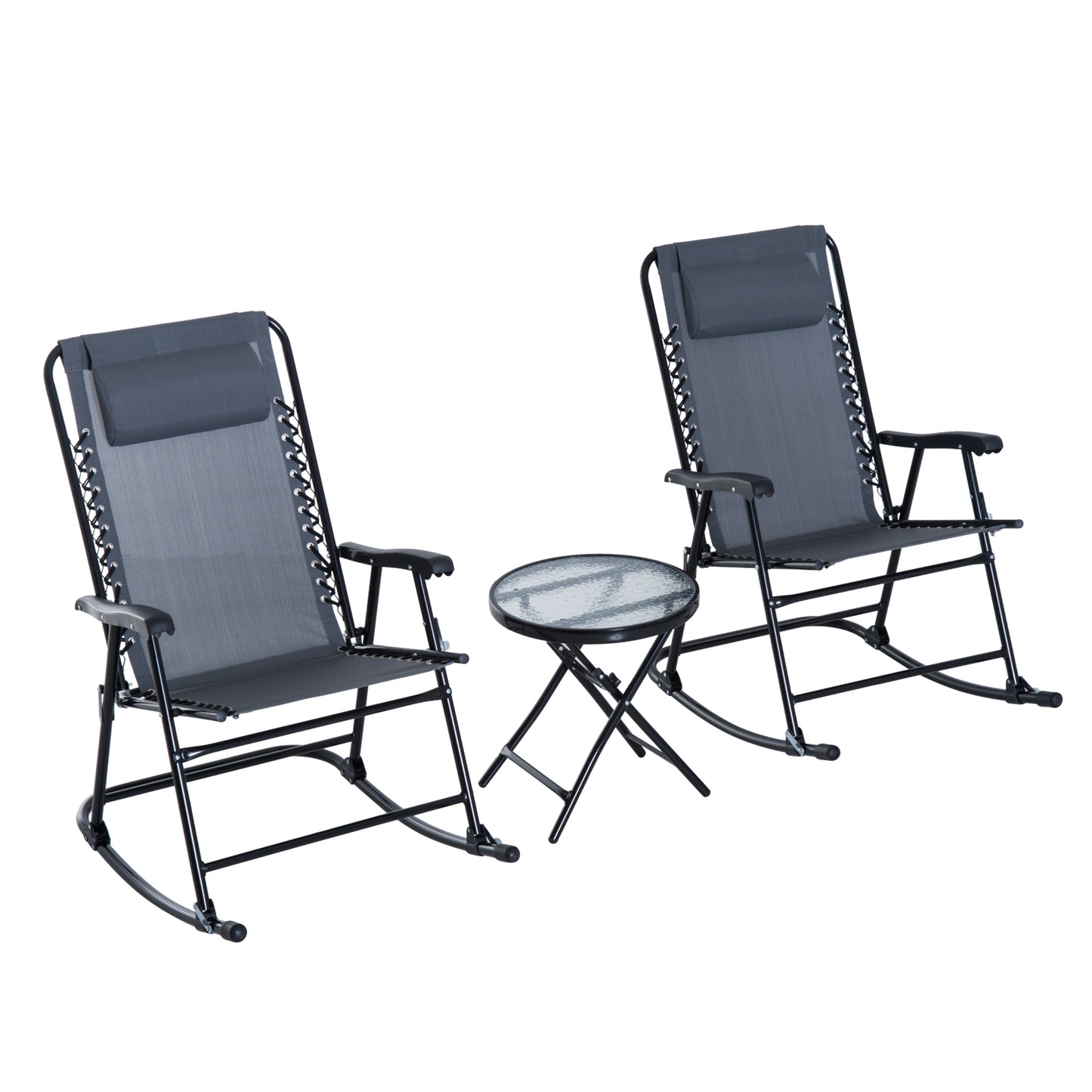 Outdoor Folding Rocking Chair Set - 2 Rocking Chairs with Armrests & Side Table - 3-Piece Patio Furniture - Gray