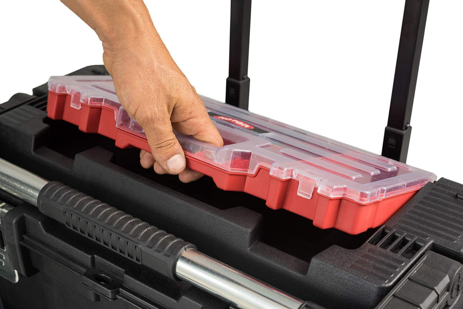 Mobile Hawk Cart and Stackable Tool Box System and Organizer with Telescopic Comfort Grip Handle - Perfect Organization and Storage Chest for Power Drill, Tape Measure, and Small Parts