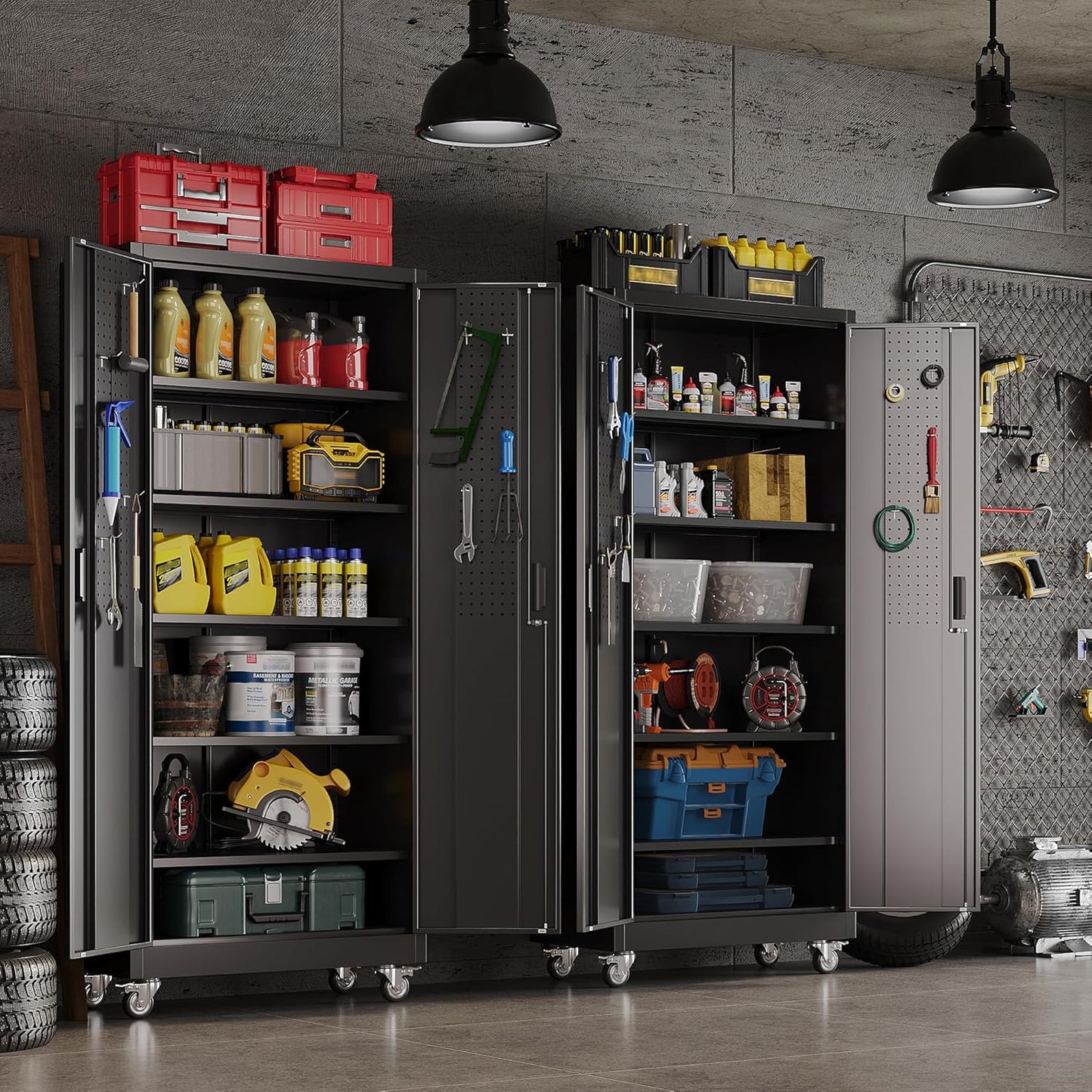 Garage Storage Cabinet with Pegboard - Lockable Metal Organizer with 5 Adjustable Shelves