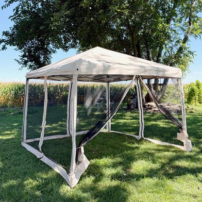 10' x 10' Pop Up Canopy Tent with Netting - Instant Gazebo Screen House for Outdoor, Patio & Camping - Beige