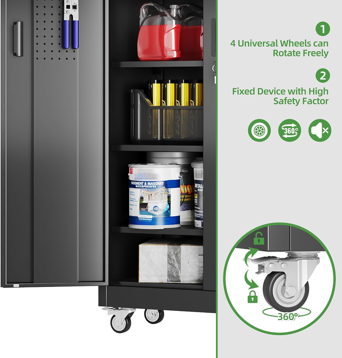 Garage Storage Cabinet with Pegboard - Lockable Metal Organizer with 5 Adjustable Shelves