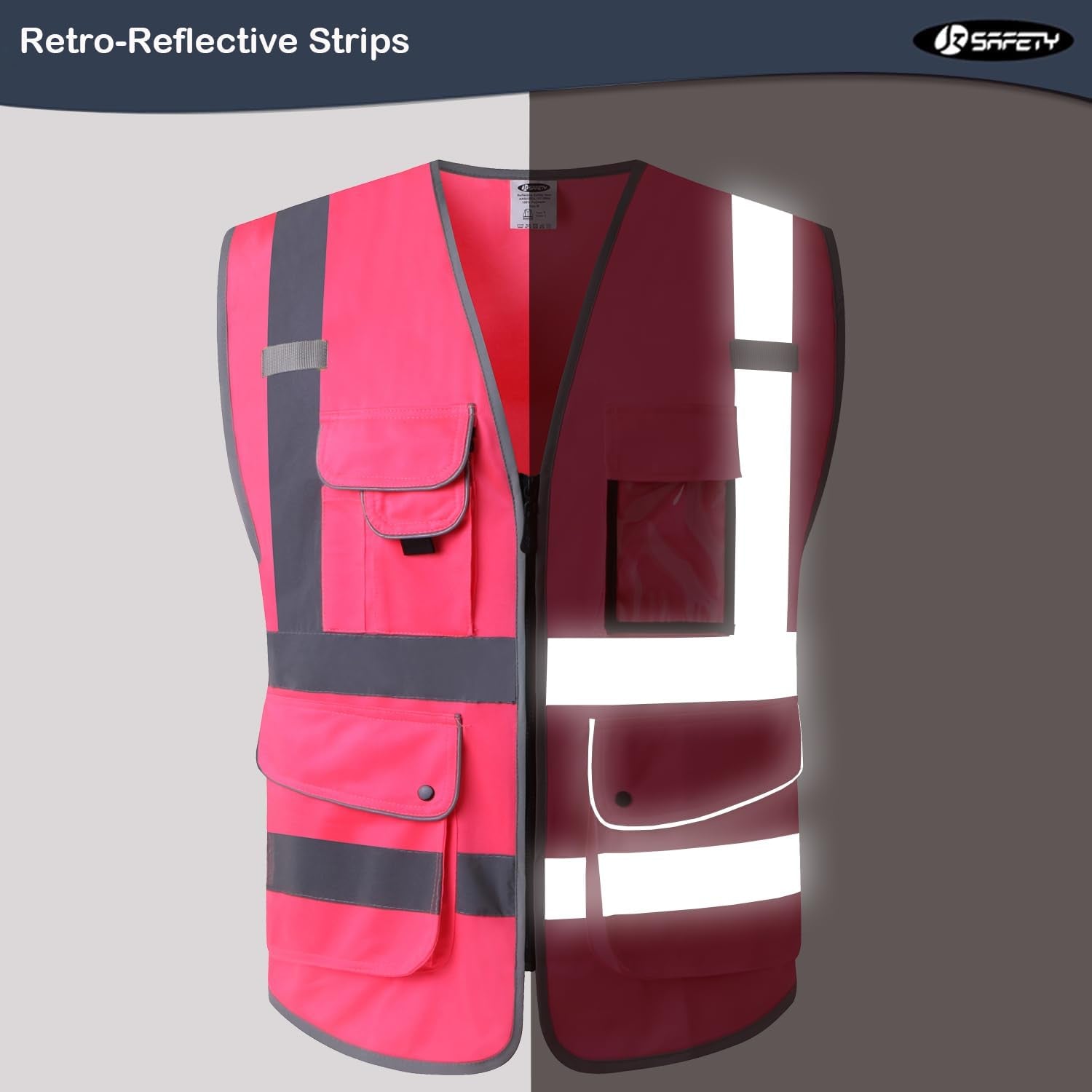 9 Pockets Class 2 High Visibility Zipper Front Safety Vest with Reflective Strips, Meets ANSI/ISEA Standards (Large, 150-Pink)