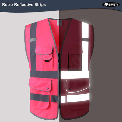 9 Pockets Class 2 High Visibility Zipper Front Safety Vest with Reflective Strips, Meets ANSI/ISEA Standards (Large, 150-Pink)