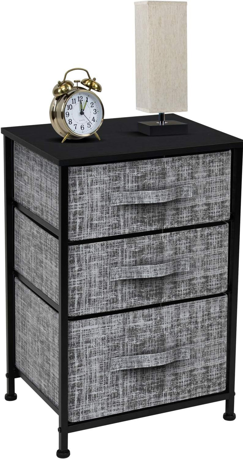 Nightstand with 3 Drawers - Bedside Furniture & Accent End Table Chest for Home, Bedroom Accessories, Office, College Dorm, Steel Frame, Wood Top, Easy Pull Fabric Bins (Gray/Black)