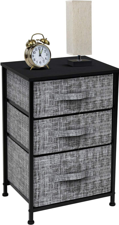 Nightstand with 3 Drawers - Bedside Furniture & Accent End Table Chest for Home, Bedroom Accessories, Office, College Dorm, Steel Frame, Wood Top, Easy Pull Fabric Bins (Gray/Black)