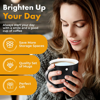 16 Oz Polka Dot Coffee Mug Set of 6, Large 16 Ounce Ceramic Mugcup Set in Black Polka Dot Design, Best Coffee Mug for Your Gift