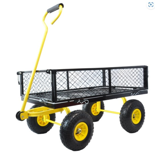 Heavy Duty Steel Garden Cart - 4-Wheel Utility Wagon with Swivel Handle & Detachable Sides