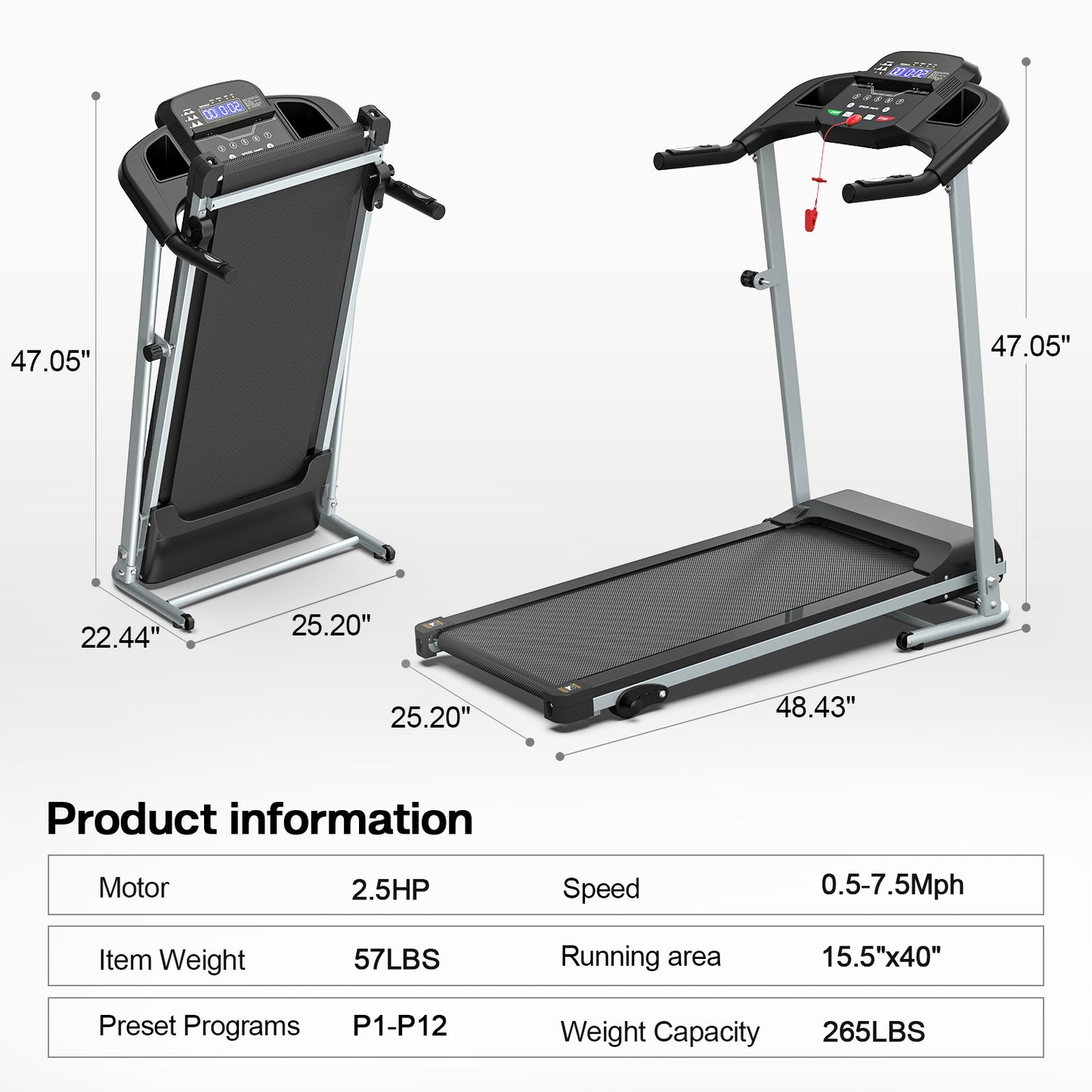 JK106 Treadmill - Compact Folding Running Machine with LED Display for Home Gym